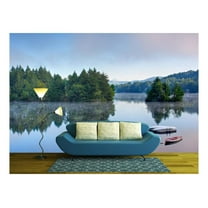 wall26 - a Lake in The Early Morning with Fog on The Water. a Boat and Dock are in The Foreground. - Removable Wall Mural | Self-Adhesive Large Wallpaper - 100x144 inches