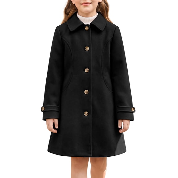 INSPIRE CHIC Girls' Halloween Winter Pea Coat Classic Lapel Single-Breasted Warm Outerwear Jacket with Deep Pockets for School & Casual Wear 5-6 Years Black