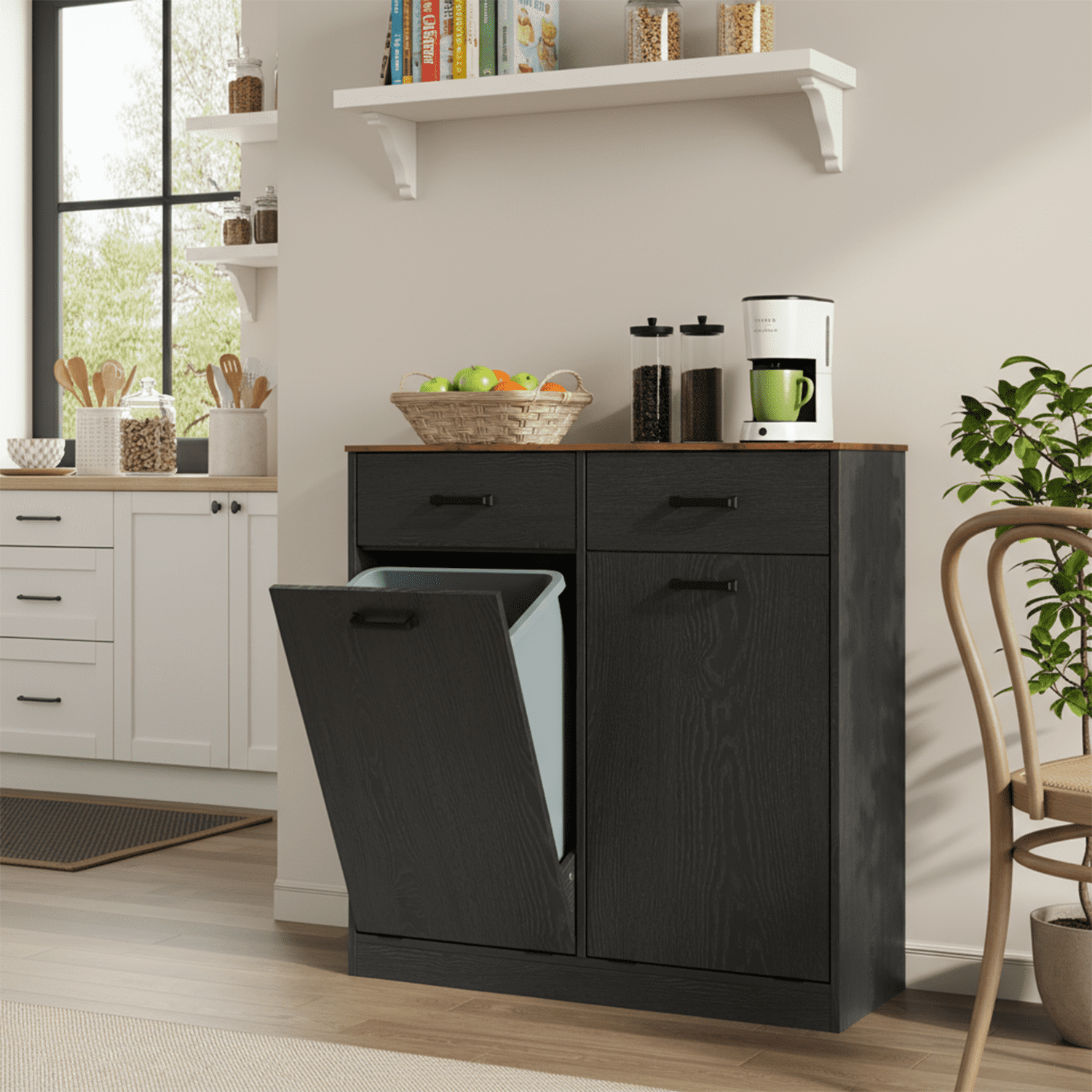 DIYART Farmhouse Double Tilt Out Trash Can Cabinet fits 10 Gallon Trash Bin, Kitchen Recycling Cabinet with 2 Drawers, Hidden Garbage Can Storage for Kitchen & Dining Room, Antique Black