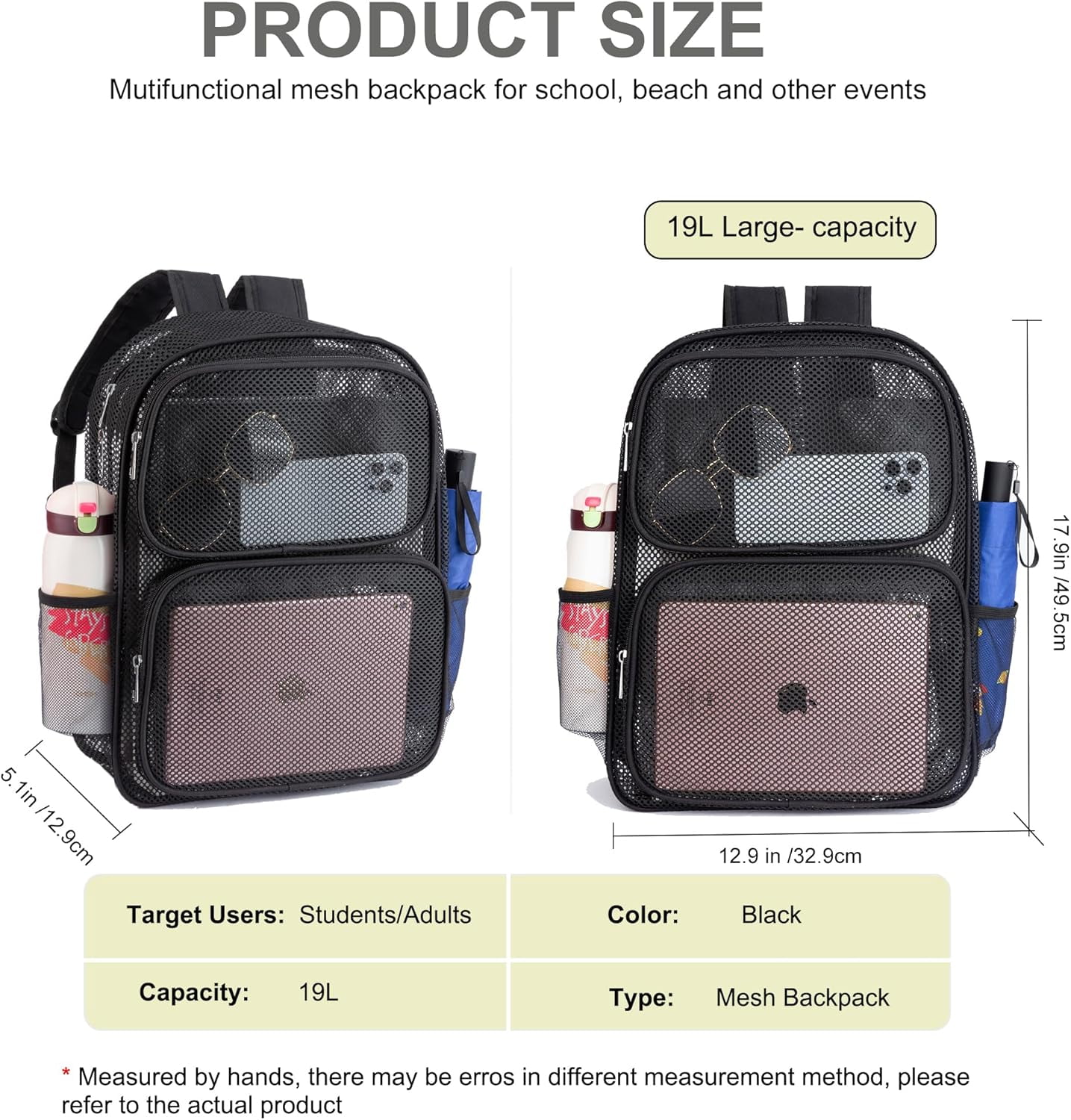 BTEPSGA Mesh Backpack for School Heavy Duty Mesh Book bag Mesh See Through Backpack for School Beach