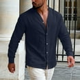 thumbnail image 5 of Tdoqot Mens Linen Shirts Long Sleeve- Button Down Summer Casual V-Neck Beach Shirts Navy Size L, 5 of 9