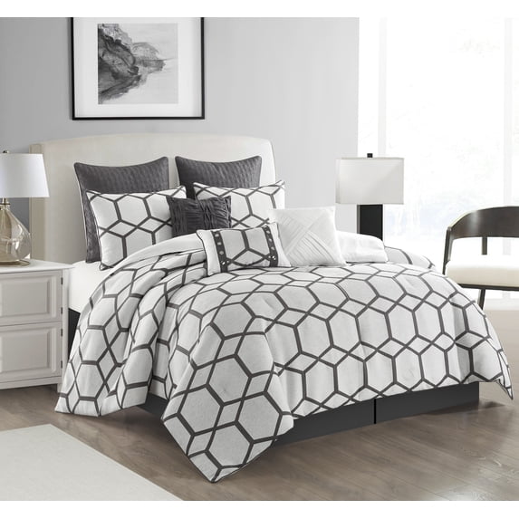Lanco Nando Geometric 6-Piece Comforter Set, White/Grey, King, 100% Polyester Fill