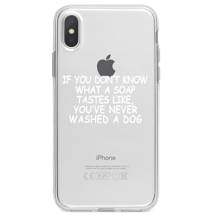 DistinctInk Clear Shockproof Hybrid Case for iPhone X / XS (5.8" Screen) - TPU Bumper Acrylic Back Tempered Glass Screen Protector - Don't Know What Soap Tastes Like, Washed Dog