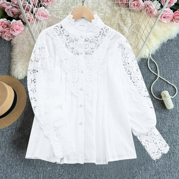 Ailaofu Women’s Elegant Lace Trim Shirts Casual Victorian Blouse Long Sleeve Button Down Tops