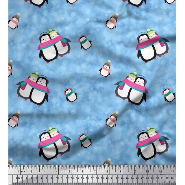 Soimoi Viscose Chiffon Fabric Snowman & Penguin Kids Decor Fabric Printed Yard 42 Inch Wide
