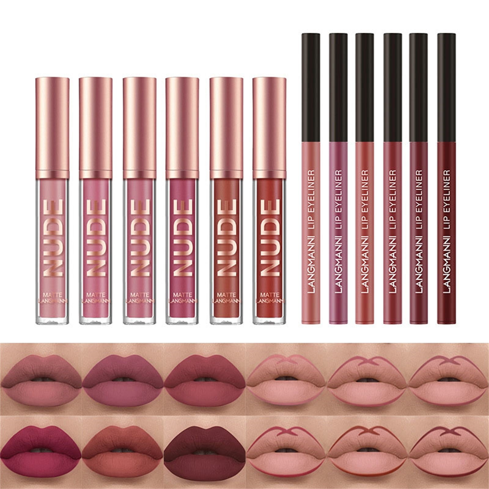 Bllzib Langmanni 6+6 Lip Gloss Lip Liner Set 12pcs Set Nonstick Matte
