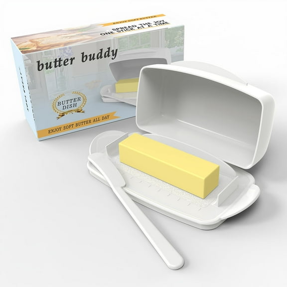 Soul Creat Butter Dishes with Lid for Countertop Refrigerator, Plastic Butter Dish Flip Top Lid Butter Container with Spreader, Non-Slip Bottom Butter Holder Keeper (White)