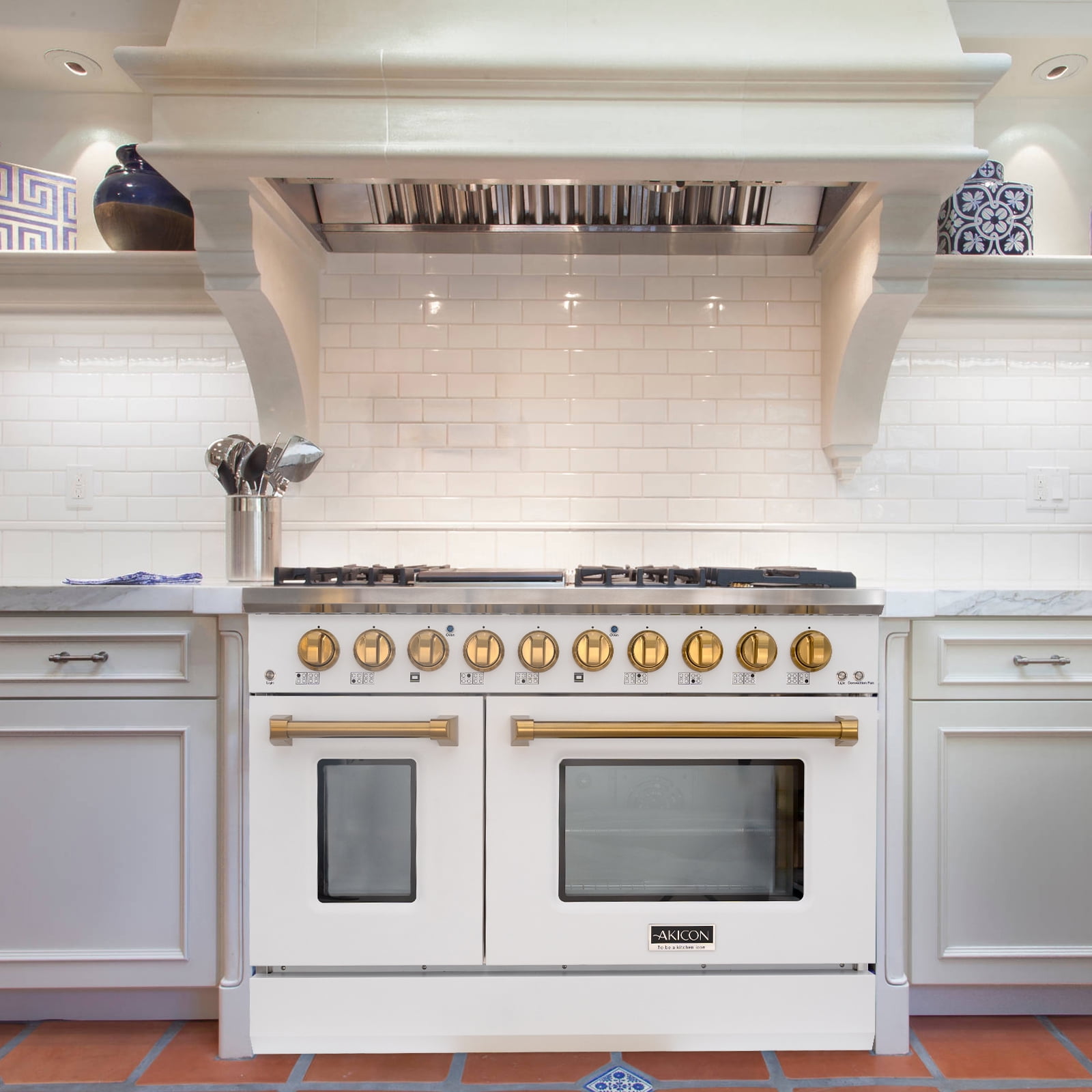 Akicon 48" Slide-in Freestanding Professional Style Gas Range with 6.7 cu. ft. Oven, 8 Burners, Convection Fan, Cast Iron Grates. White & Gold