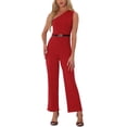thumbnail image 1 of INSPIRAR CHIC Mono de un solo hombro para mujeres, vestido sin mangas, con cinturón, pantalones anchos, color rojo, talla S, 1 of 5