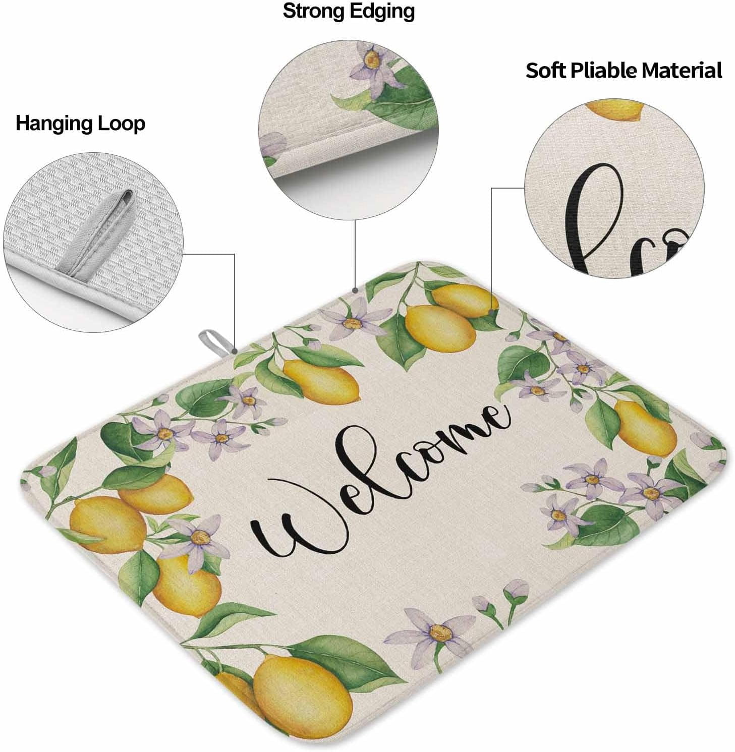Summer Lemon Dish Drying Mat for Kitchen Counter, Yellow Green Botanical Rustic Welcome Baby Bottle Microfiber Drying Pad, Absorbent Coffee Cup Dishes Drainer Mats 18"x24", 2 Pcs