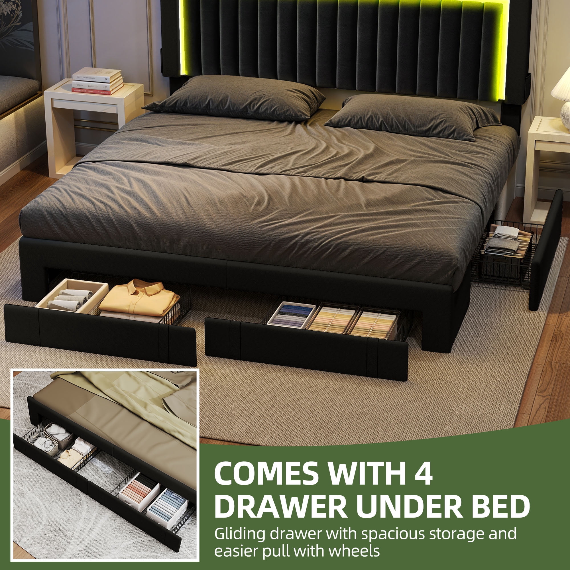 King Size Velvet Upholstered Platform Bed Frame with RGB LED Lights, 4 Storage Drawers & USB Ports (Black)