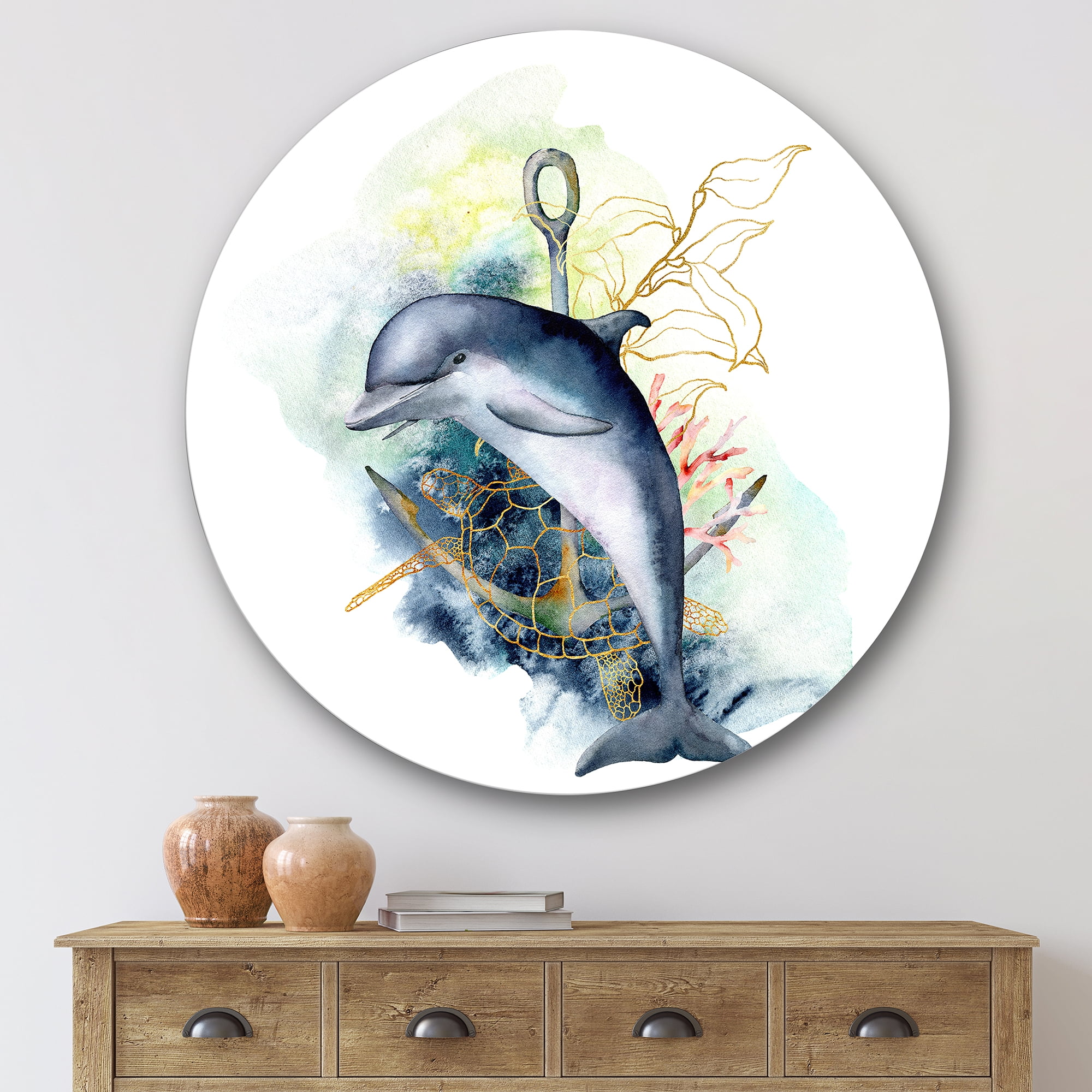 Designart 'Linear Coral Reef Plants and Dolphin Turtle Anchor' Nautical & Coastal Circle Metal Wall Art 36x36 - Disc of 36
