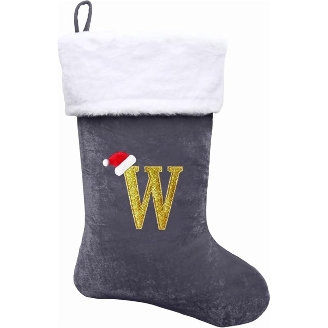 Dbfengbilian 21 Inches Christmas Stockings with Customizable Letters, Large Christmas Stockings with Super Soft Plush Cuff Embroidered Letter - Grey W