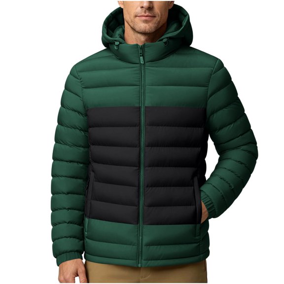 Iyufng Men's Color Block Hooded Puffer Jackets Horizontal Quilted Zip Up Winter Windproof Coat with Side Pockets and Elastic Cuffs