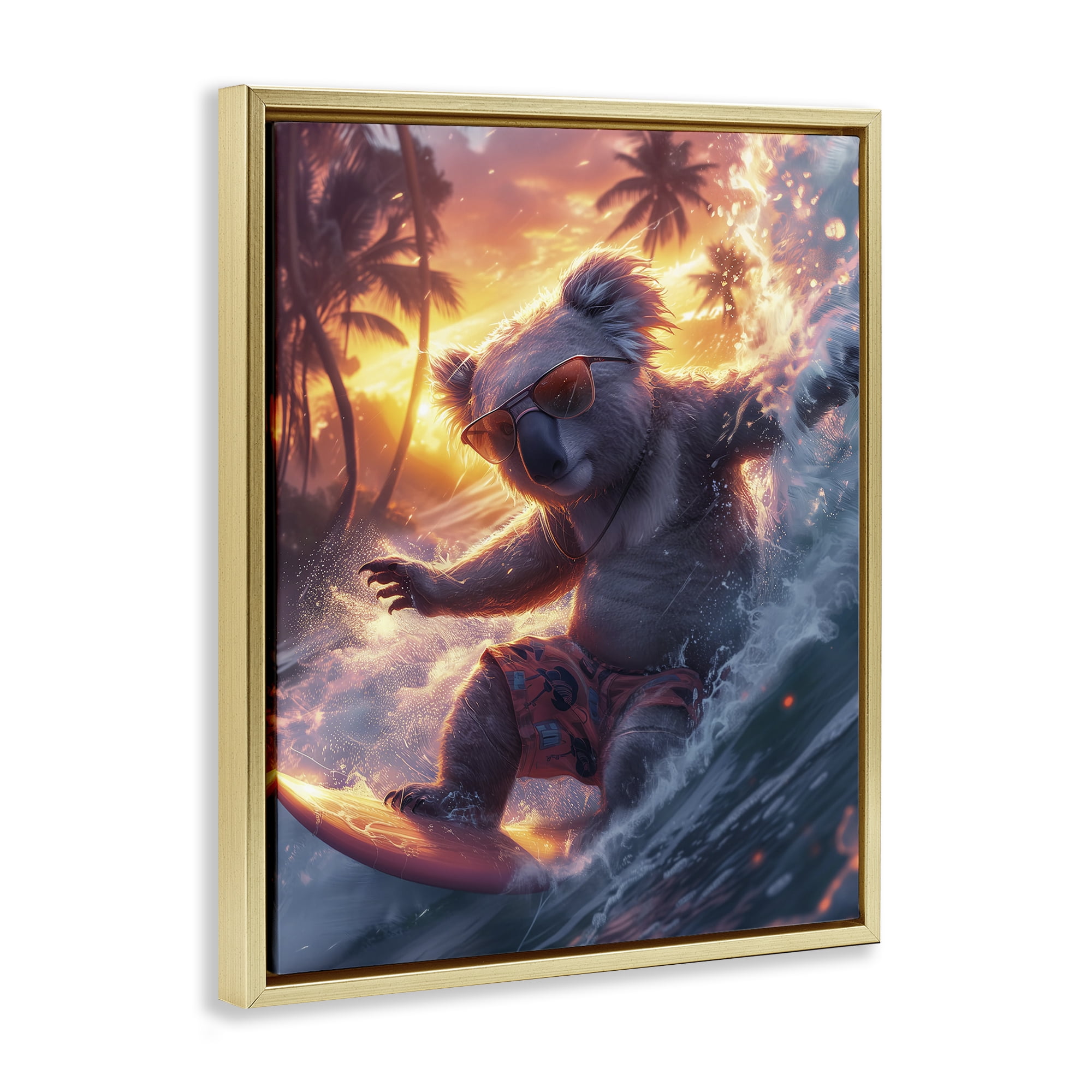 Stupell Industries Surfing Tropical Koala Coastal Painting Gold Floater Framed Canvas Art Print Wall Art, 25 x 31
