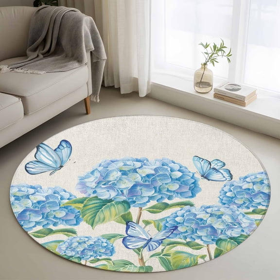 Blue Floral Round Area Rug 4 FT, Non Slip Indoor Outdoor Rug, Summer Botanical Hydrangeas Butterfly Washable Soft Circular Carpet Non-Shedding Floor Mat for Coffee Table Nursery Foyer Balcony