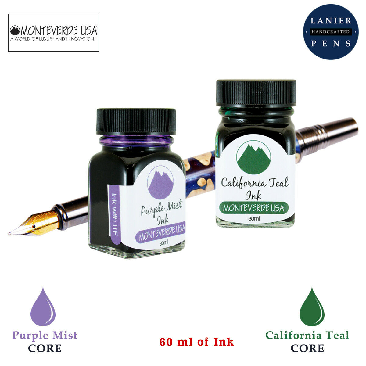 Monteverde 60ml Core Fountain Pen Ink Bottle (30ml Purple Mist Ink Bottle G309PM, 30ml California Teal Ink Bottle G309CT)