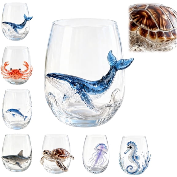 3D Marine Animal Stemless Wine Glass, Artisanal Hand Blown Ocean Creature Glassware, Lead-Free Decorative Bar Cup, Coastal Tabletop Ornament Gift For Sea Life Enthusiasts