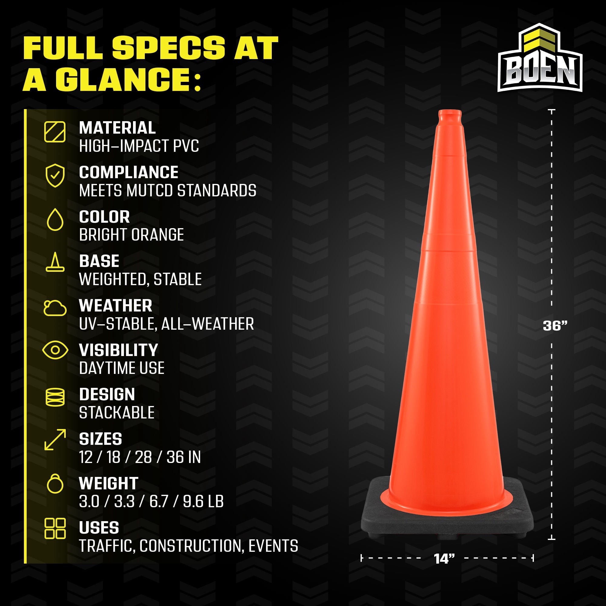BOEN 36 in Orange Non-Reflective Traffic Cone, 10 lb Work Zone Safety, 1 Pack
