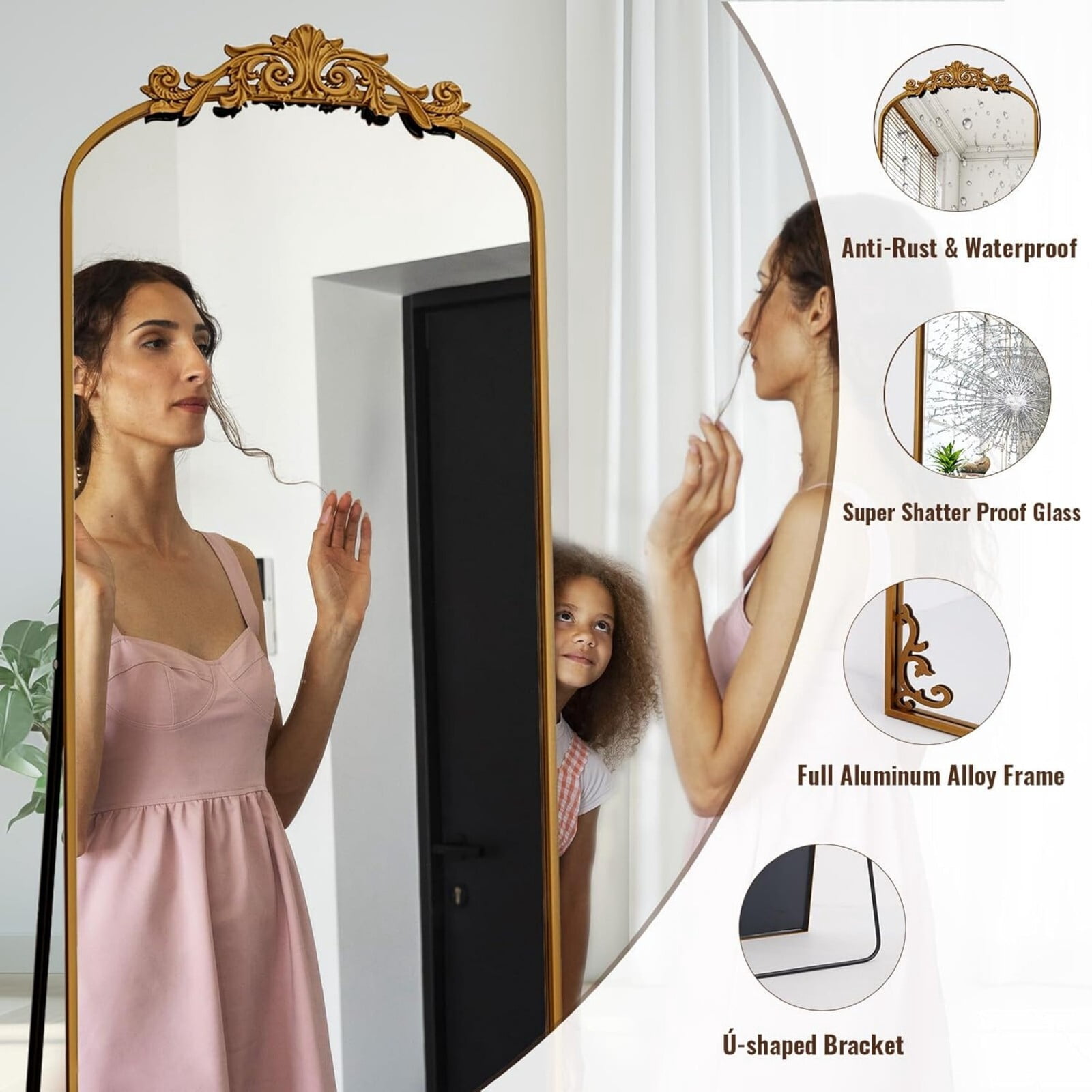 BEAUTYPEAK 64"x21" Antique Arched Full-Length Freestanding Floor Mirror,Bronze