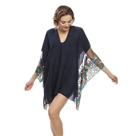 Mesh Kimono - Womens Mesh Floral Pattern Embroidery Design Ruana Kimono Tunic Cover Up Fashion Outerwear for Spring Summer Fall Season