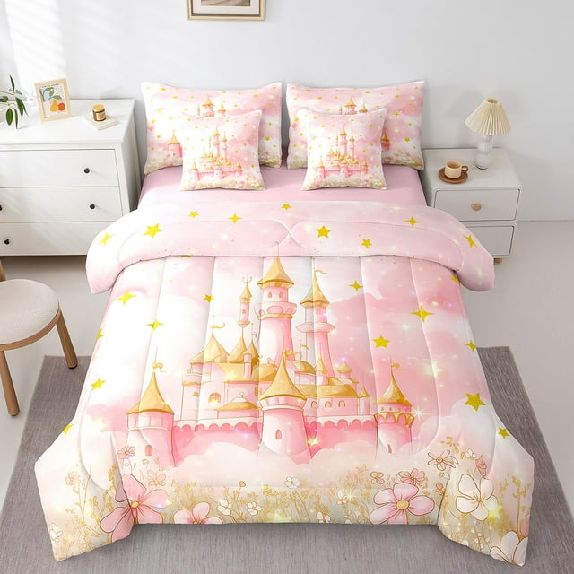 Erosebridal Literie Château de Rêve Grand Lit, Ensembles de Literie Princesse Grand Lit, Ensemble de Lit Réversible à Fleurs Romantiques, Décor de Chambre Léger, 7 Pcs