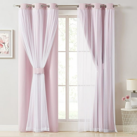 Pinewave Blackout Curtains with Sheer Overlay Mix and Match Double Layer for Girls Pink Room,Grommet Top,37"Wx95"L,2 Panels