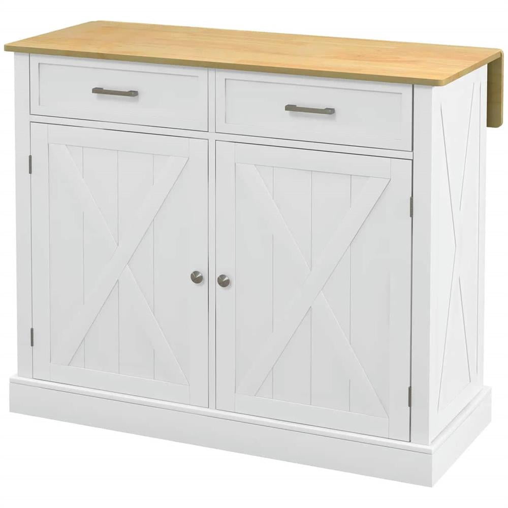 GVN Rolling Kitchen Table, Kitchen Island,Rolling Kitchen Island with Drop Leaf Wood Breakfast Bar, Farmhouse Kitchen Cart with 2 Drawers,White