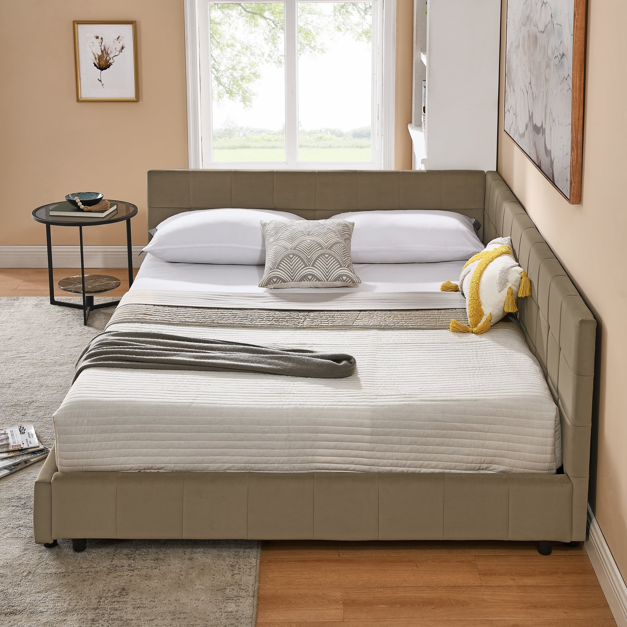 [Luckynote]Queen Size Upholstered Tufted Bed Frame, Sofa Bed Frame with Comfortable Backrest and Armrests, Queen Size Bed for Bedroom, Living Room,Velvet, brown