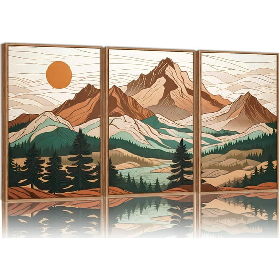 FCCUYE Large Mountain d Canvas Wall Art Set of 3, Boho Nature Forest Wall Decor, Neutral Wooden Pine Trees Artwork, Sunrise Ridge Landscape Art Printing for Living Room Bedroom Office 16"x24"