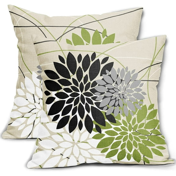 Black Green Pillow Covers 20x20 Inch Dahlia Flower Decorative Throw Pillows Modern Geometry Floral Outdoor Farmhouse Pillowcase Linen Square Cushion Case Decor for Home Sofa Couch Bed, Set of 2