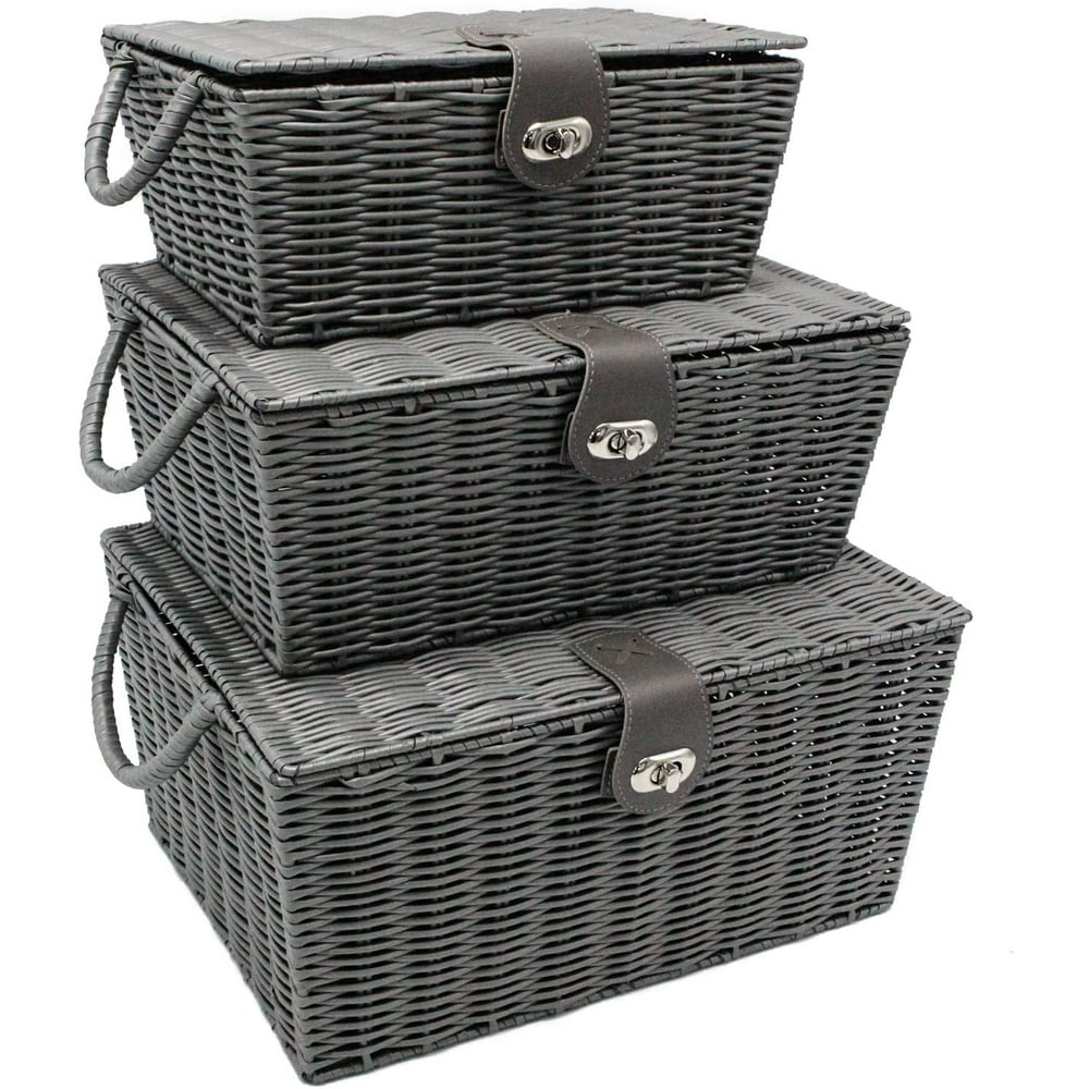 OLLVIA Wicker Storage Baskets with Lid for Organizing, 3 Foldable