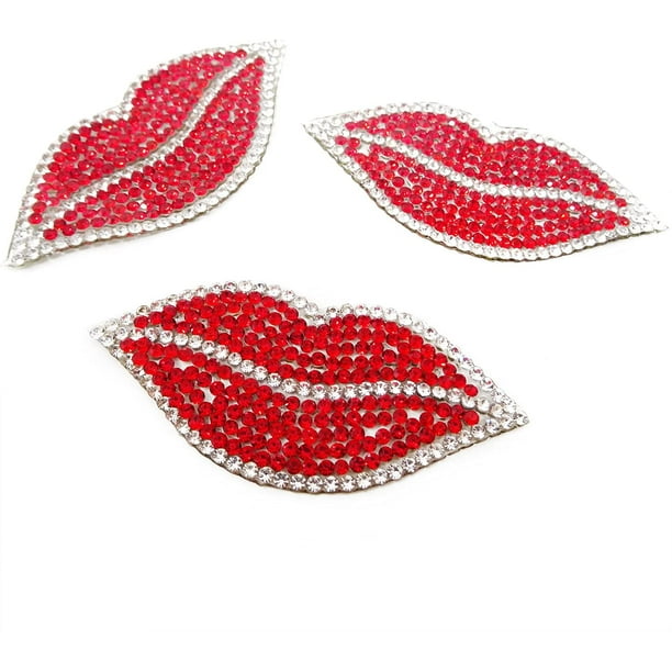 10PCS Rhinestones Red Lip Iron On Patches Lip Embroidery Sew On