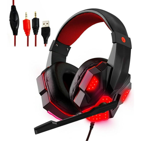 Gaming Headset for PS4 PC One PS5 Console Controller, Noise Cancelling Microphone Over Ear Stereo Headphones with Mic, LED Light, Bass Surround, Earmuffs for Laptop Mac NES Games 5 Core HDP GM1 R
