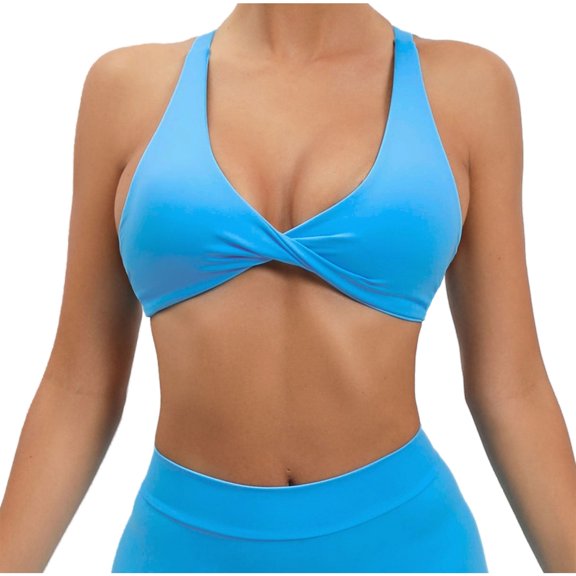 Xfvqtps Two Ways Twist Sports Bra for Women Back Cross Straps Deep V Neck Backless Gym Top Fitness Workout Bras Light Blue