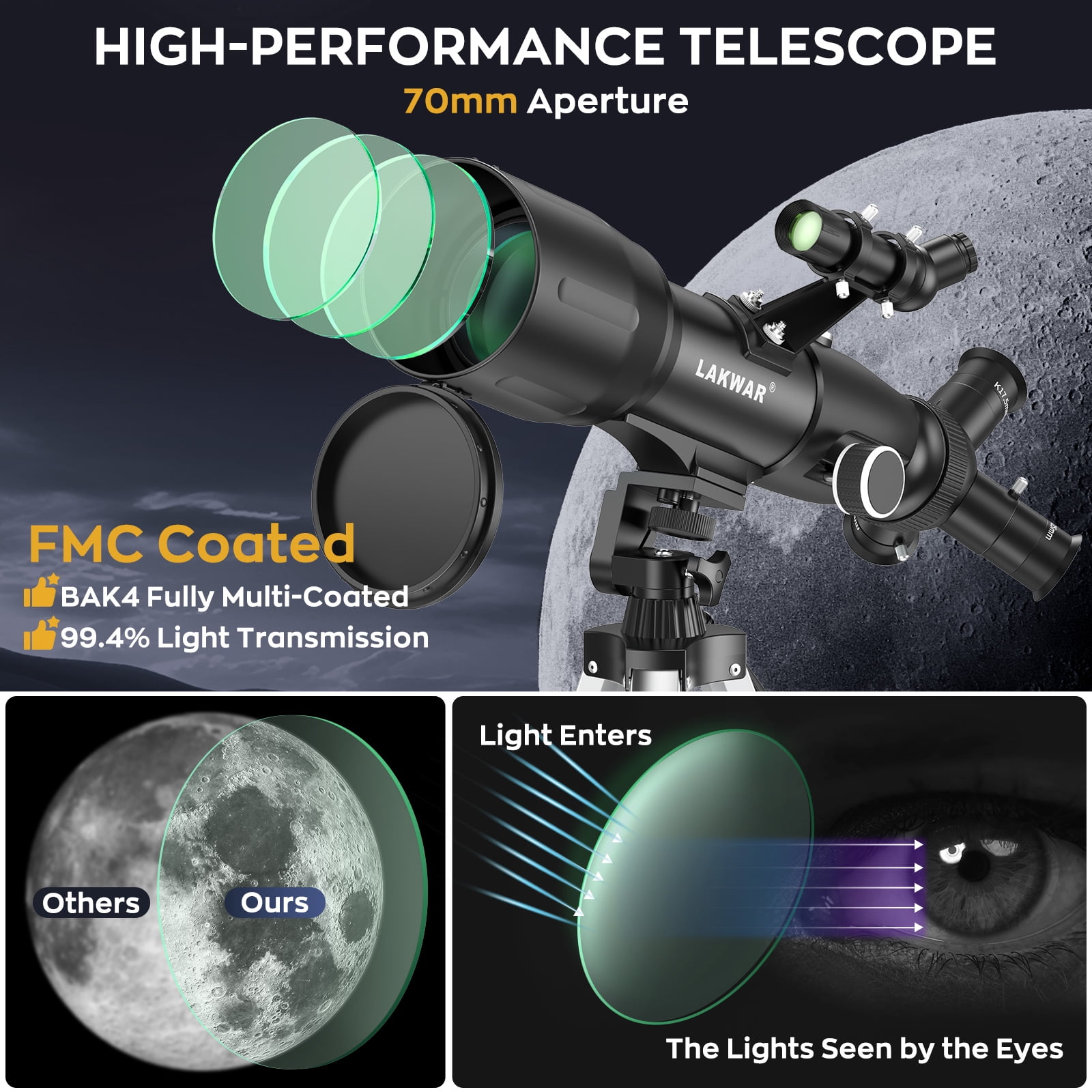 Telescopes for Astronomy Adults, LAKWAR 70mm Aperture High Powered Refracting Telescope Beginners, Portable Telescope with 49in Tripod for Planets and Stars
