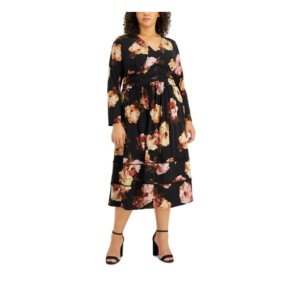 TAYLOR Womens Black Stretch Zippered Tiered Circle-trim Floral Long Sleeve V Neck Midi Evening Empire Waist Dress Plus 18W