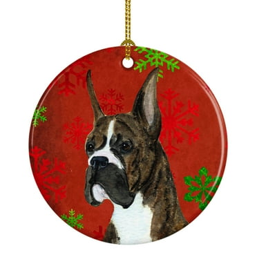 Boxer Red Snowflakes Holiday Christmas Ceramic Ornament SS4715