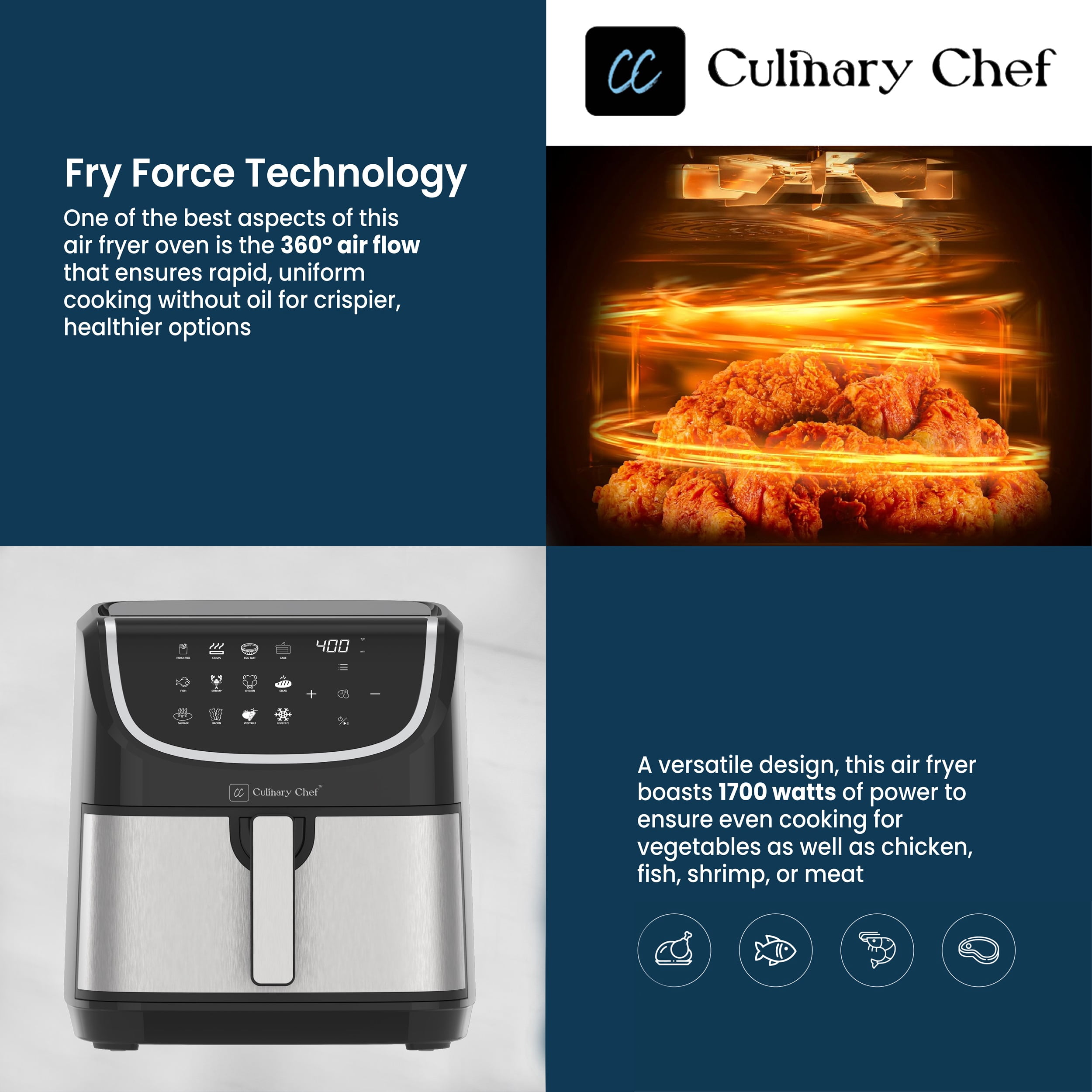 Culinary Chef 8.45-Quart Electric Air Fryer, Adjustable Temperature, Touch Panel Control, One-Touch Cook Functions, and 360° Rapid Cooking, 1700 Watt Power