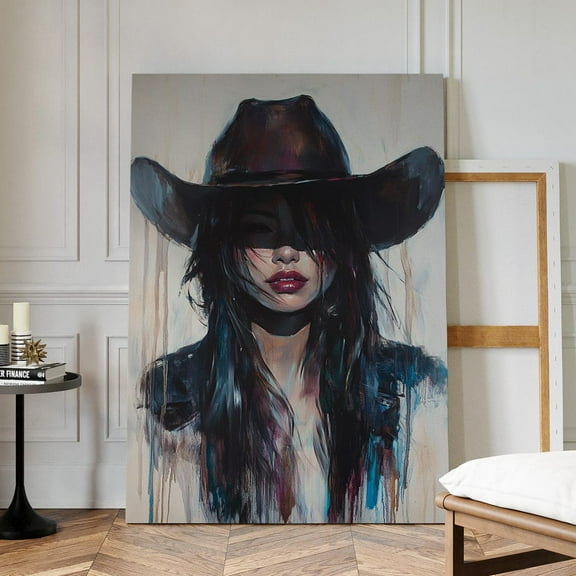 Velto Cowgirl Portrait Canvas Art Bold Western Woman Illustration Shadowed Hat Rustic Modern Boho Inspired Wall Decor, SIZE 8x10 INCLUDE Pine Wood Frame 1.25-Inch