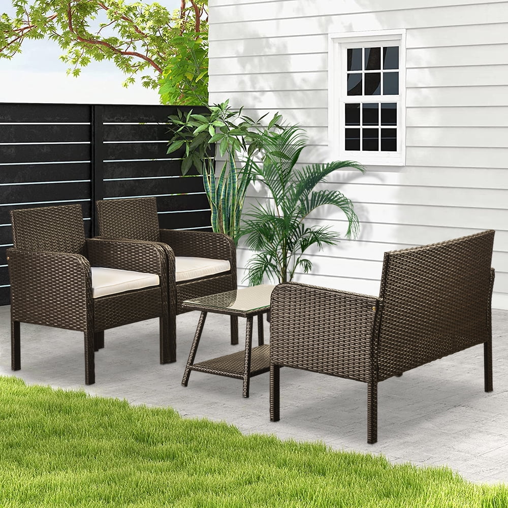 Outdoor Conversation Sets, 4 Piece Wicker Patio Set With Glass Dining Table, Loveseat & 2
