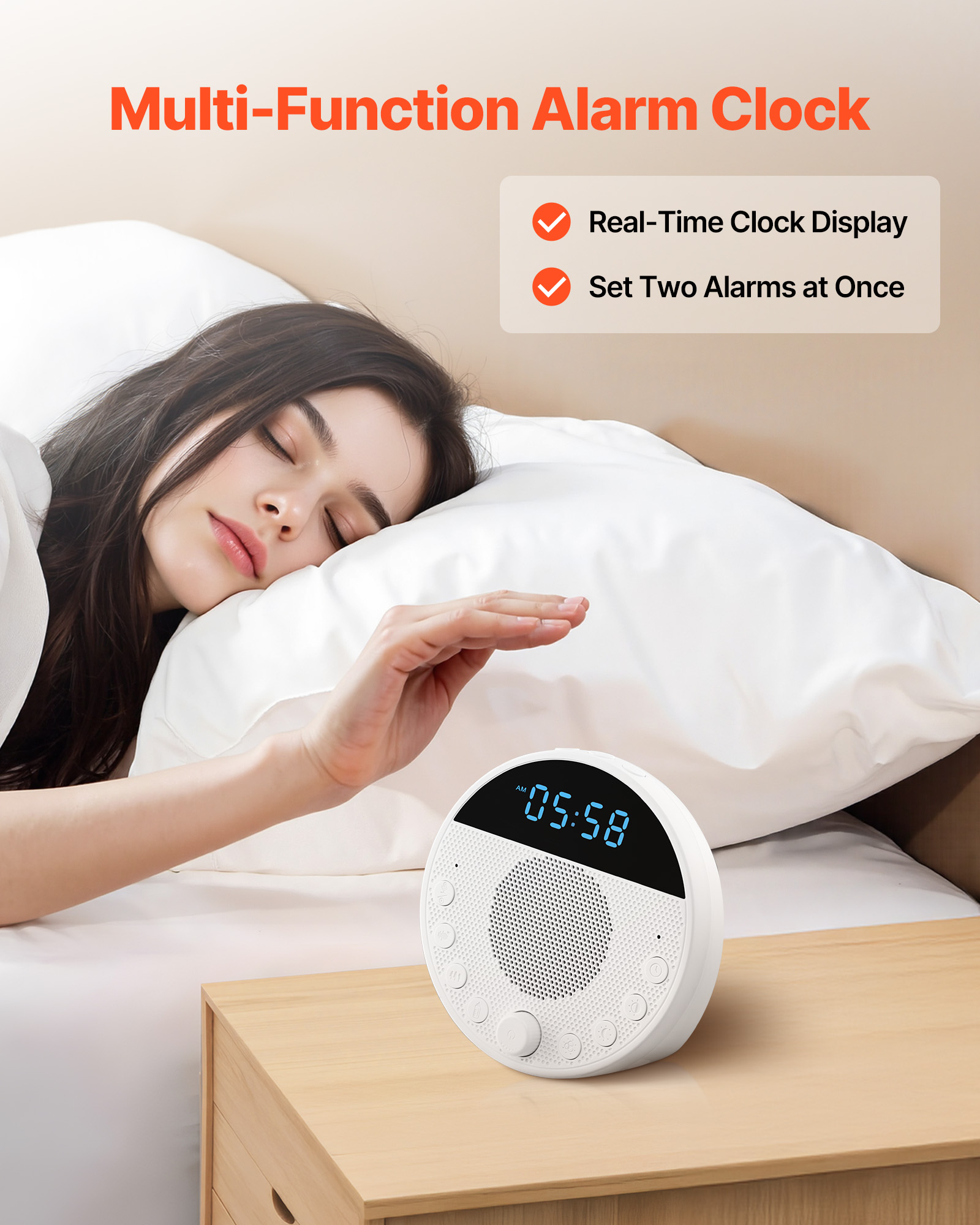 VEVOR Sound Machine, 18 Soothing Sleep Sounds and 7-Color Night Light, 5-in-1 White Noise Sound Machine with Dual Alarms, Auto-Off Timer and Memory Function, for Baby, Adults, Home, Office & Travel