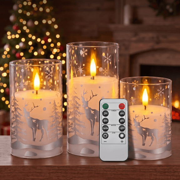 Goyuon Christmas Candles Flameless Reindeer Snowflake Design Battery Operated LED Flickering with Remote and Timer 3 Pack D3" x H4" 5" 6"