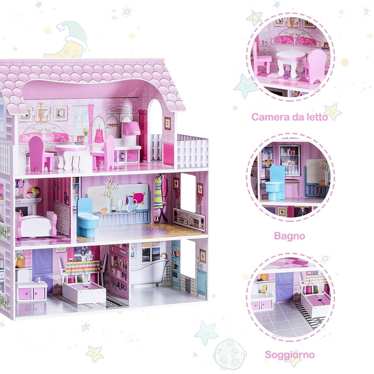 Gymax 28'' Pink Play Dollhouse Set for Kids, 3 Levels, Rooms Gymax 28'' Pink Play Dollhouse Set for Kids, 3 Levels, Rooms