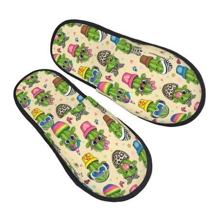 

KLL Cute Cartoon Cactus Slippers for Women Men House Slip on Indoor Outdoor Bedroom Furry Fleece Lined Ladies Comfy Anti-Skid Rubber Hard Sole-Large