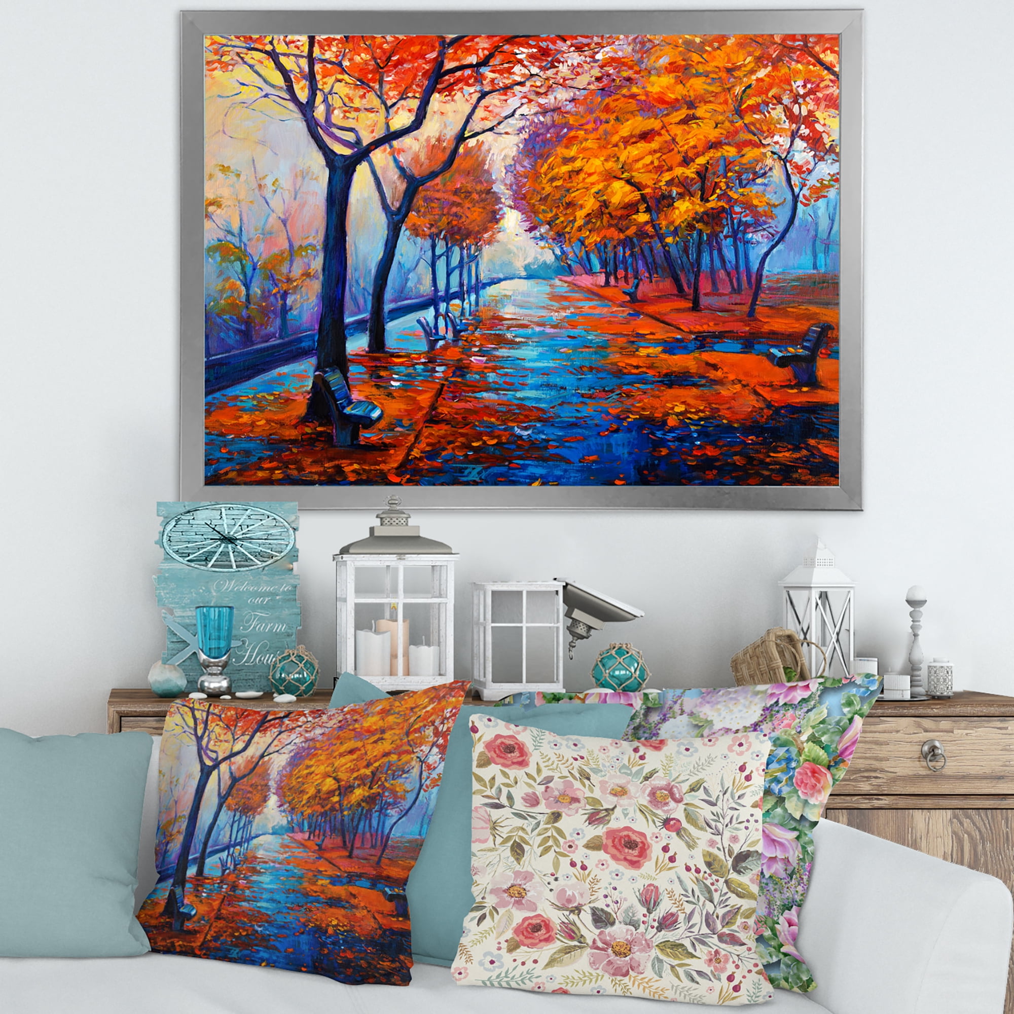 Designart 'Orange Autumn Landscape With Little Road III' Traditional Framed Art Print