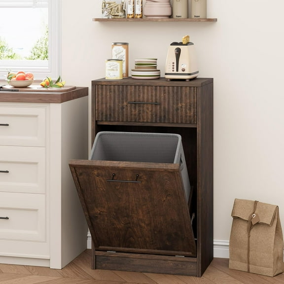 Tilt Out Trash Cabinet,10 Gallon Wooden Free Standing Laundry Sorter Cabinet,Recycling Cabinet with Hideaway Drawer,Tilt Out Trash Cabinet Can Bin for Kitchen Dining Living Room