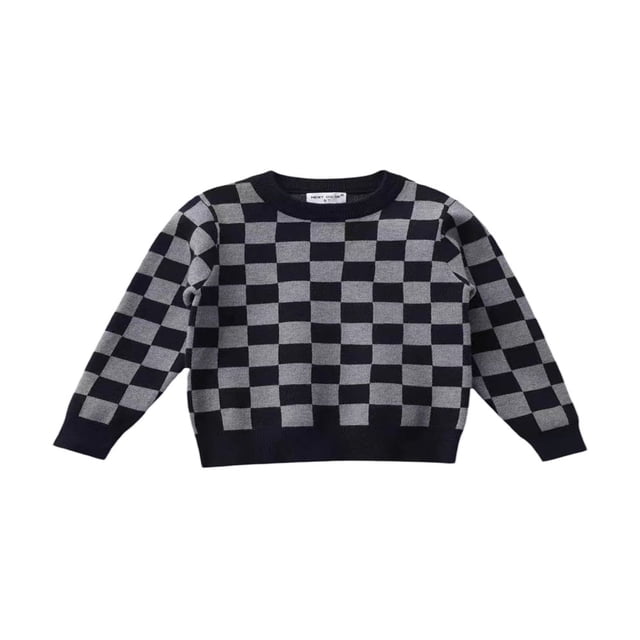 Chandail d'Automne pour Tout-Petit Fille Garçon, Tricot à Damier, Col Rond, Manches Longues, Chandail en Maille pour Enfants de 18 Mois à 6 Ans