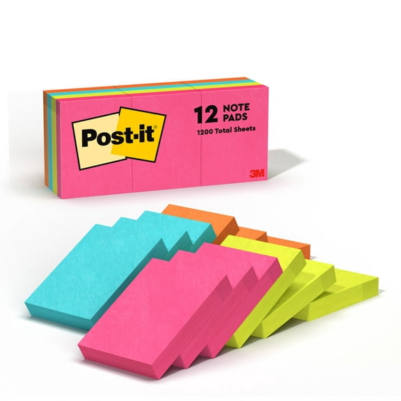 Post-it Notes, 1 3/8 in. x 1 7/8 in., Poptimistic, 12 Pads