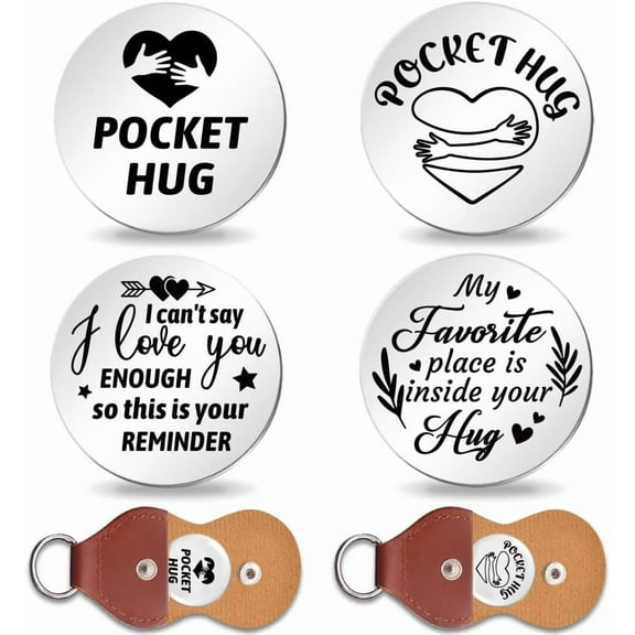 2Set Expressions of Love Pocket Hug Token Long Distance Gifts Double Sided Engraved Hug Token Coins Keepsake with PU Leather Keychain for Family Friend Lover Graduation Multi-color
